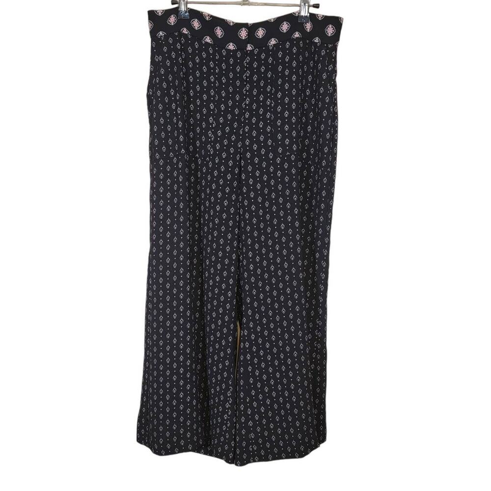 Loft Women's Printed Cropped Wide Leg Dress Pants Pockets Black & Pink Size 6